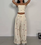 Elegance Retro Cherry Print Smocking Sling Top Wide Leg Pants Two Piece Sets TinkleBell