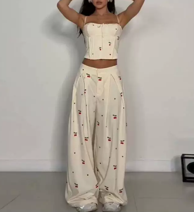 Elegance Retro Cherry Print Smocking Sling Top Wide Leg Pants Two Piece Sets TinkleBell