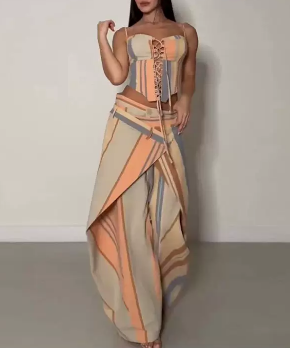 Summer Printed Lace up Sling Top Color Striped Stitching Loose Wide Leg Pants Two Piece Sets TinkleBell