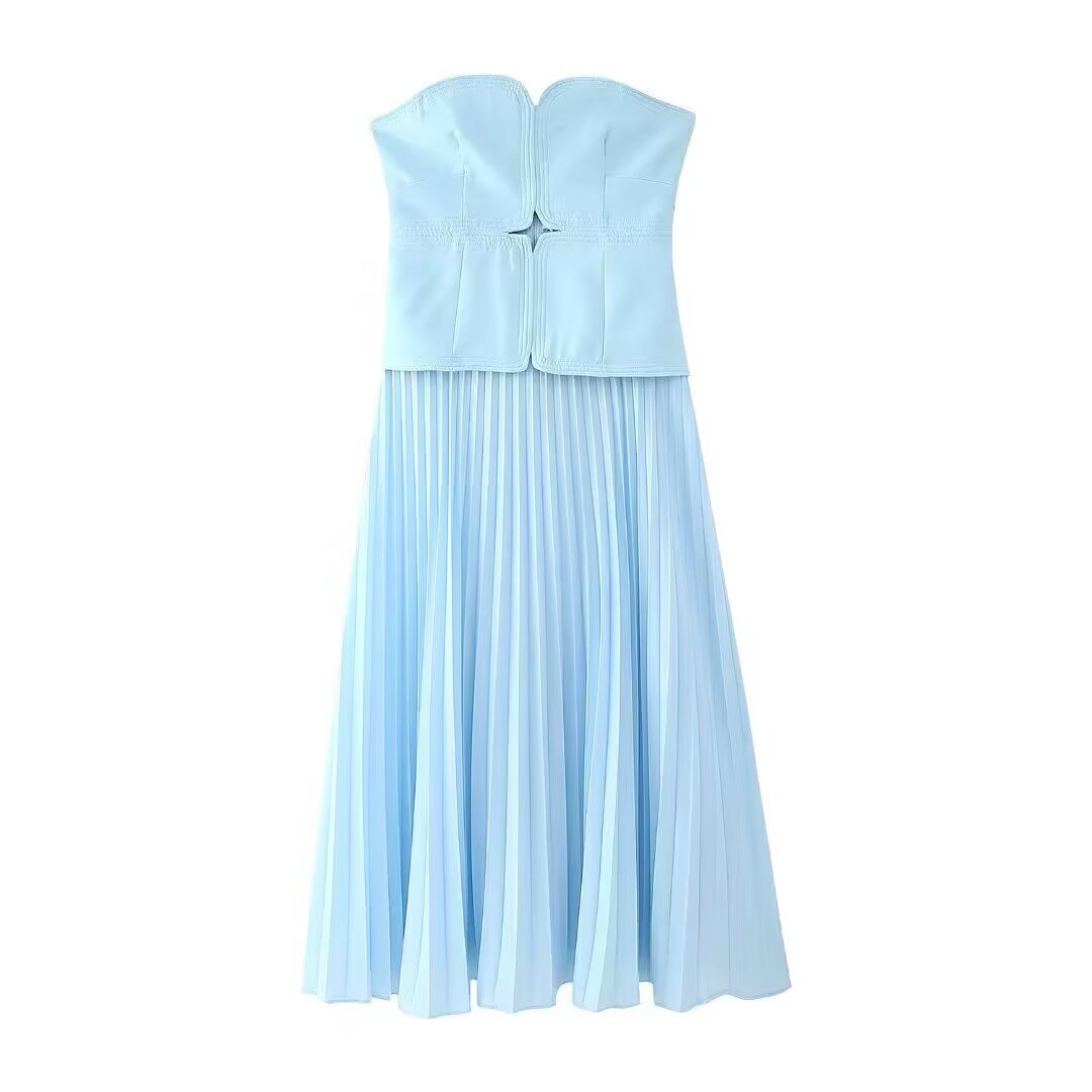 Women Clothing Summer Retro Sexy Slim Color Pleated Tube Top Dress JOUNJ