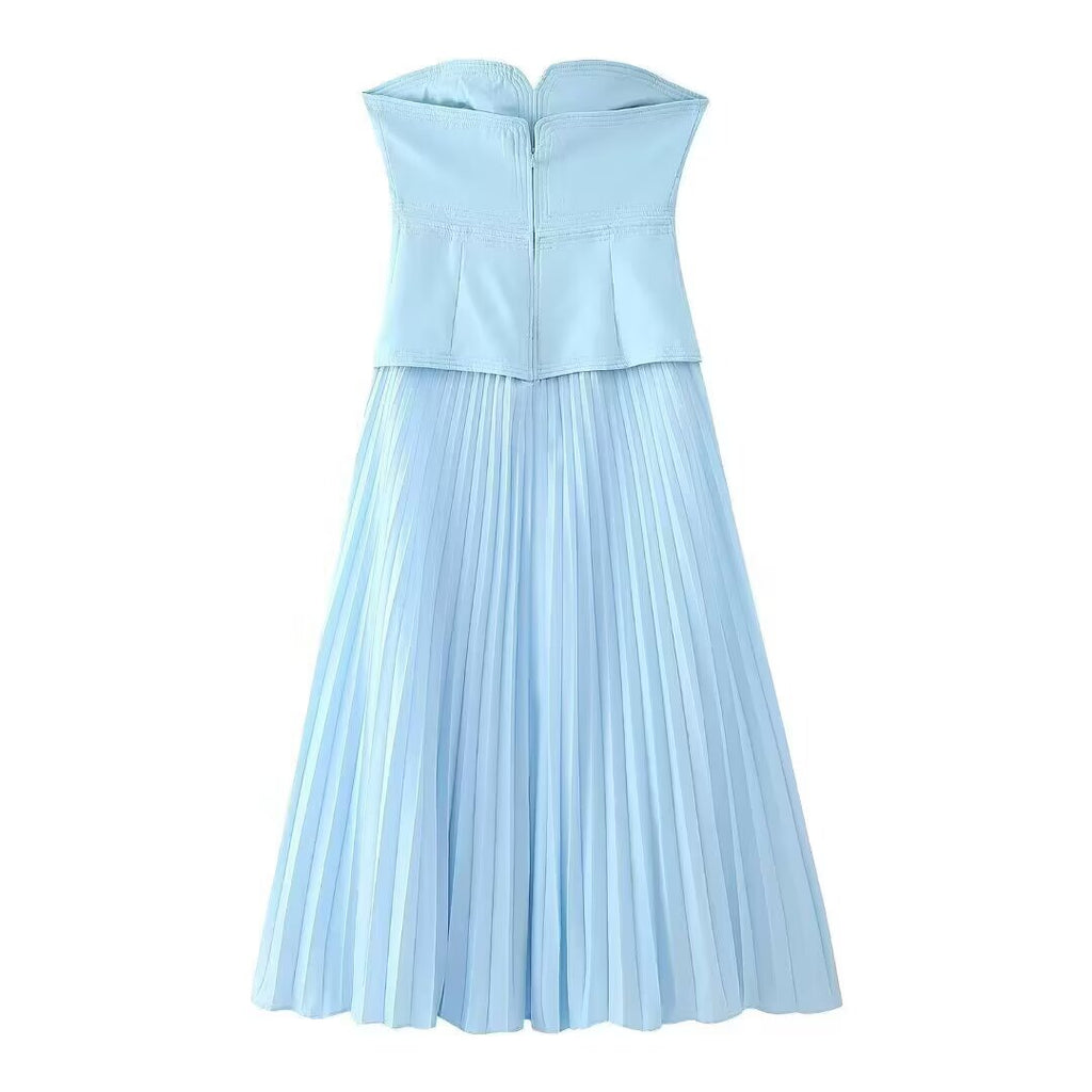 Women Clothing Summer Retro Sexy Slim Color Pleated Tube Top Dress JOUNJ