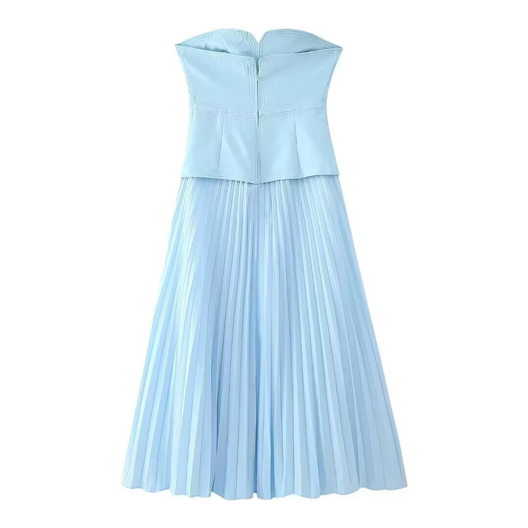 Women Clothing Summer Retro Sexy Slim Color Pleated Tube Top Dress JOUNJ