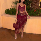 Stitching Printing Tassel Lace up Tube Top Irregular Asymmetric Skirt Set Coya