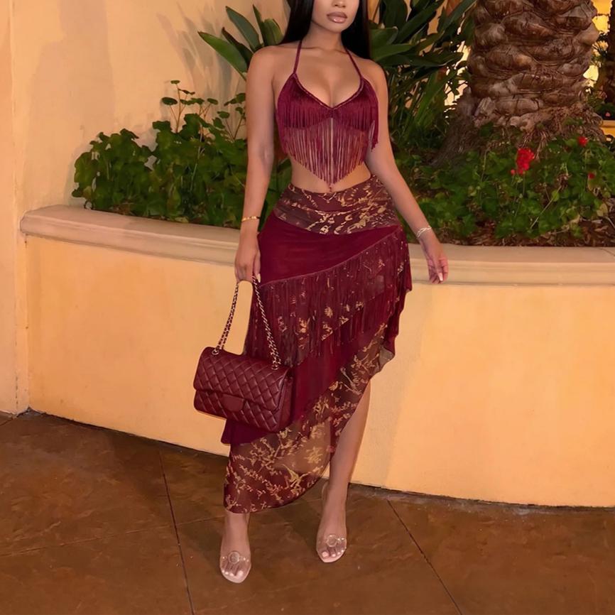 Stitching Printing Tassel Lace up Tube Top Irregular Asymmetric Skirt Set Coya