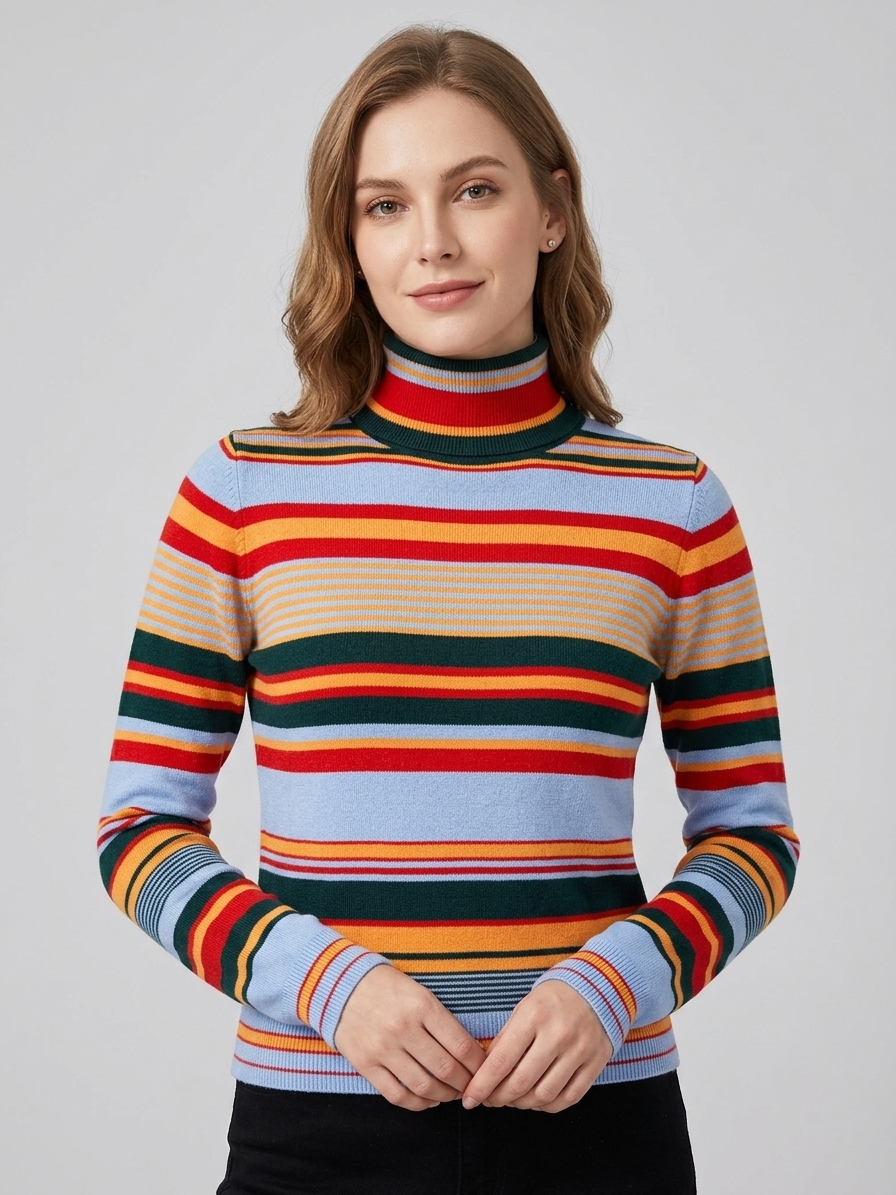 Autumn Winter Contrast Color Turtleneck Pullover Slim Fit Top Contrast Color Striped Sweater Sweater Women SERENDIPITY