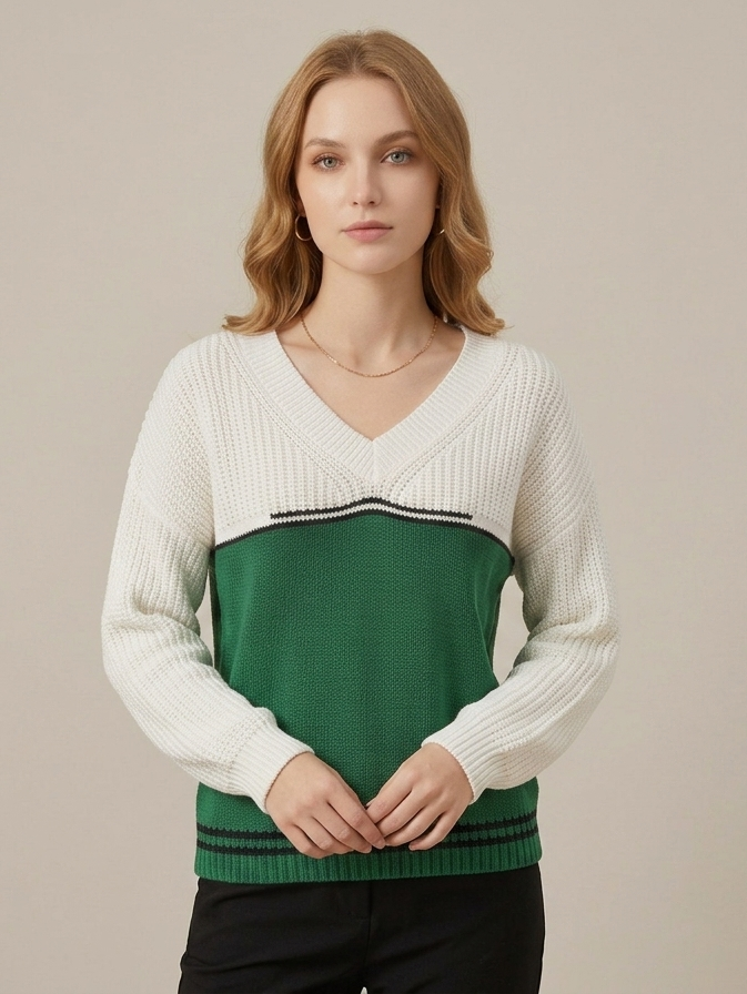 Contrast Color Sweater V neck Loose Pullover Sweater Autumn Winter Sweater SERENDIPITY