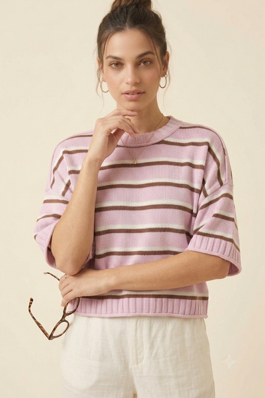 Autumn Winter Women Clothing Short Sleeve round Neck Striped Knitted round Neck Sweater Women SERENDIPITY