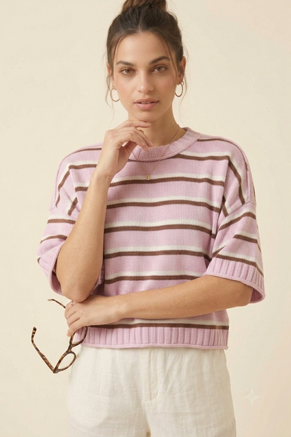 Autumn Winter Women Clothing Short Sleeve round Neck Striped Knitted round Neck Sweater Women SERENDIPITY