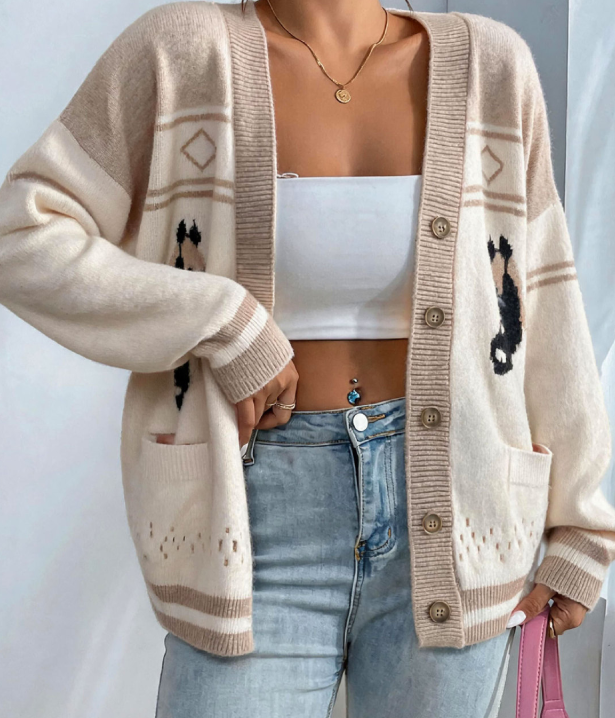 Fashionable Knitted Cardigan Women Autumn Winter Loose Idle Brocade Sweater Coat Long Sleeved Top Owen