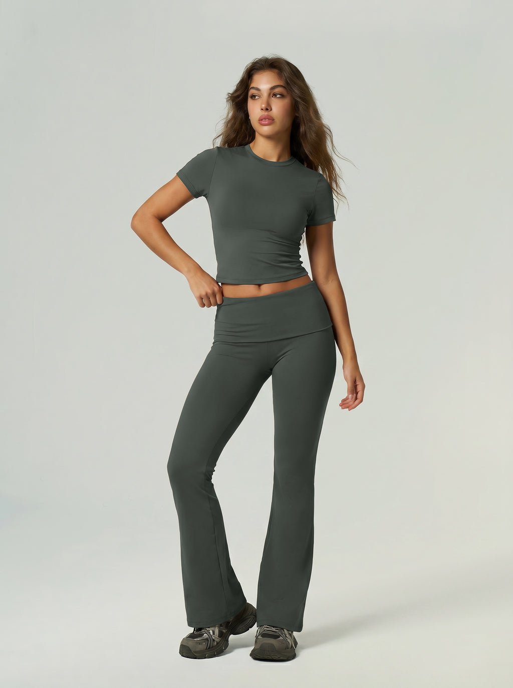 Quick Drying Sports Fitness Wear Short Sleeved Top Long Pants Bell Bottom Pants Tummy Control Butt Lifting Yoga Set ZAG