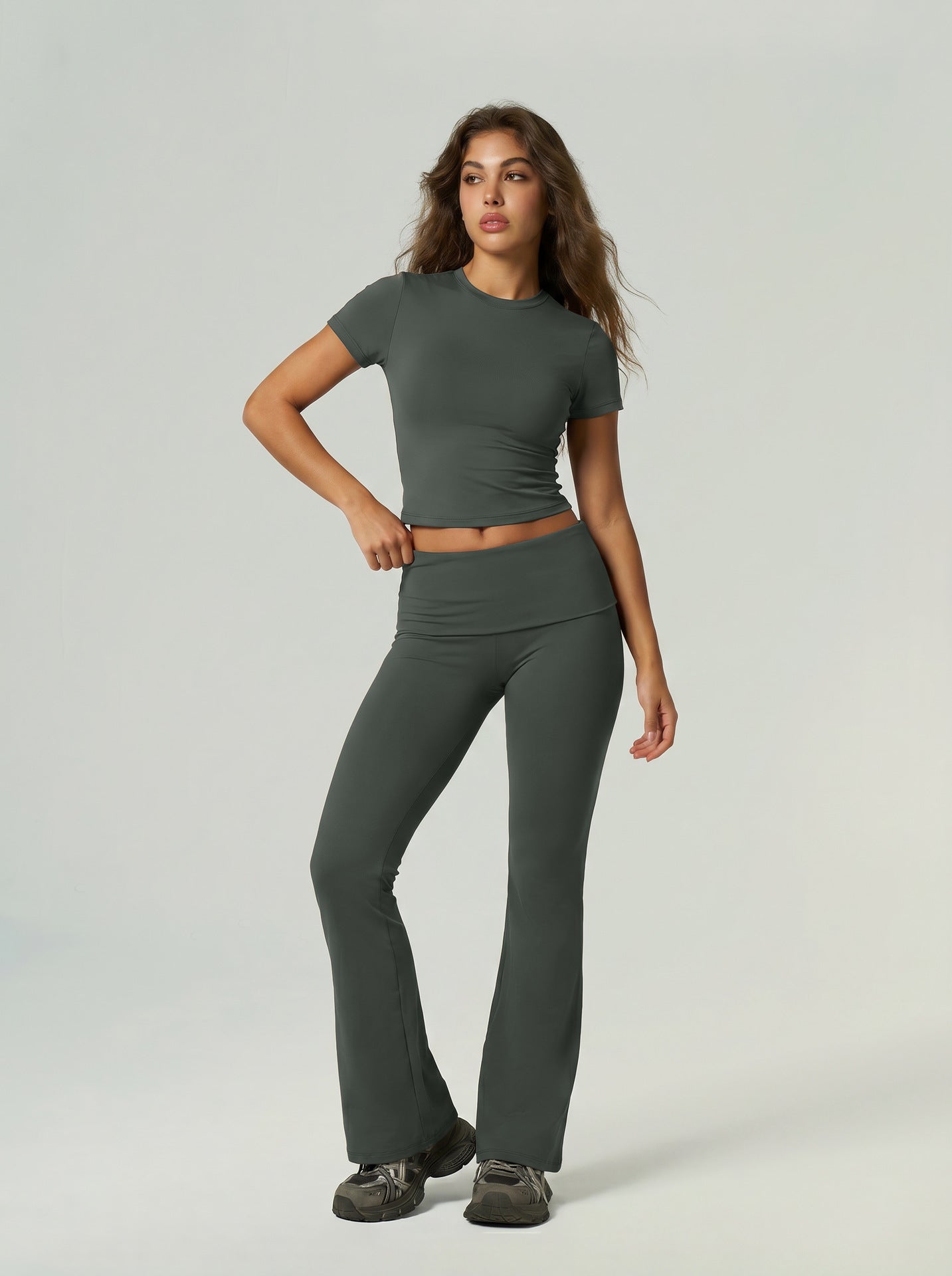 Quick Drying Sports Fitness Wear Short Sleeved Top Long Pants Bell Bottom Pants Tummy Control Butt Lifting Yoga Set ZAG