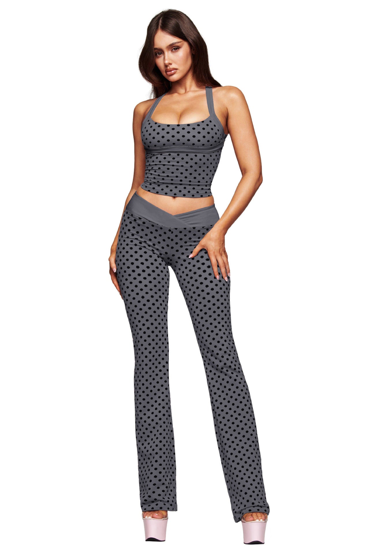 Halter Polka Dot Vest Pants Bell Bottom Pants Backless Bra Fitness Clothes Sportswear Yoga Set ZAG