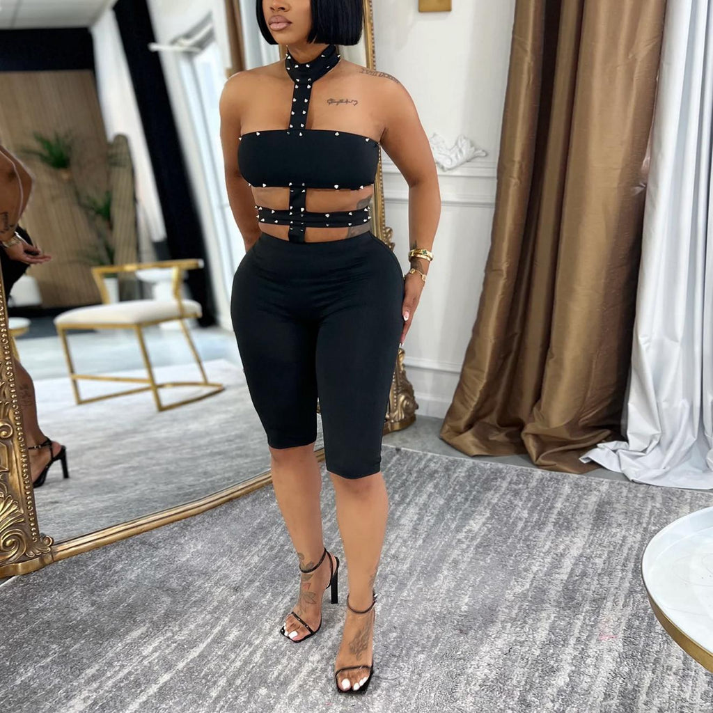 Women Wear Sexy off the Shoulder Bubble Beads Halter Solid Color Jumpsuit Miss Siss