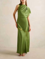 Women Elegant Slim Fit Design Lace Irregular Asymmetric Stitching Maxi Dress JiaJia