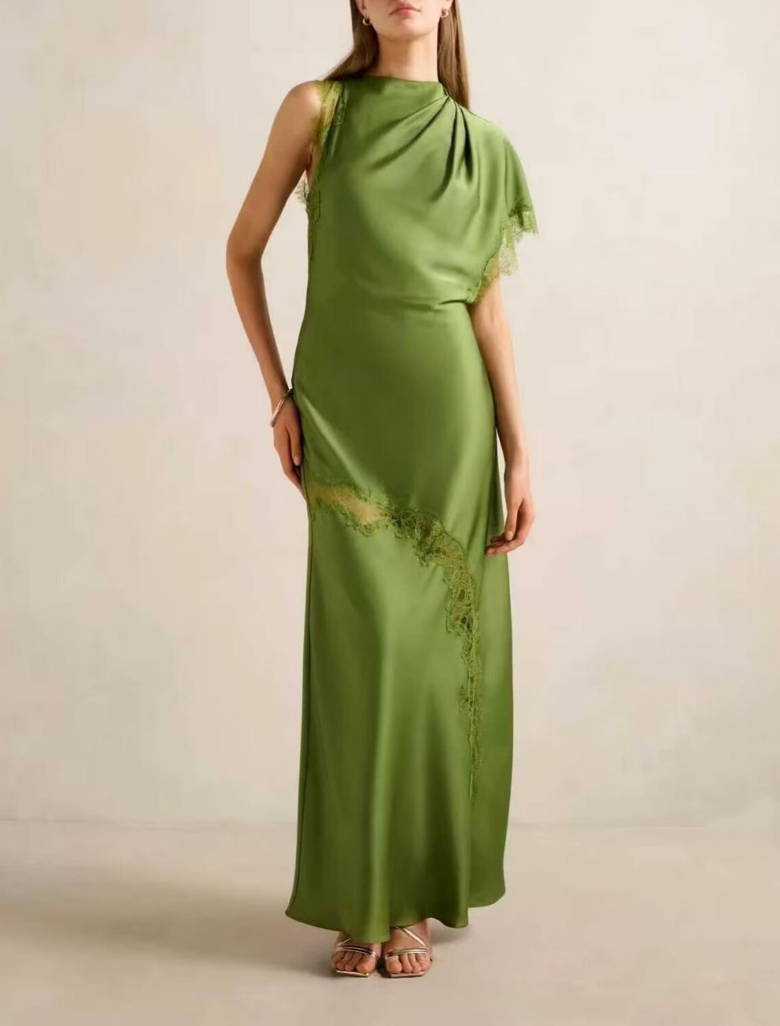 Women Elegant Slim Fit Design Lace Irregular Asymmetric Stitching Maxi Dress JiaJia