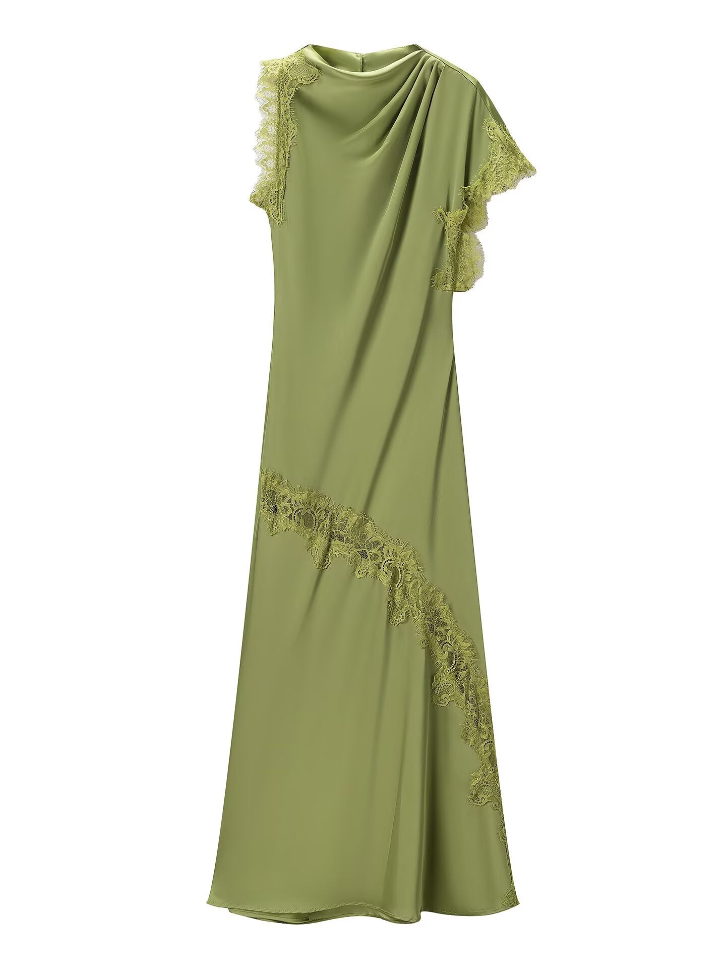 Women Elegant Slim Fit Design Lace Irregular Asymmetric Stitching Maxi Dress JiaJia