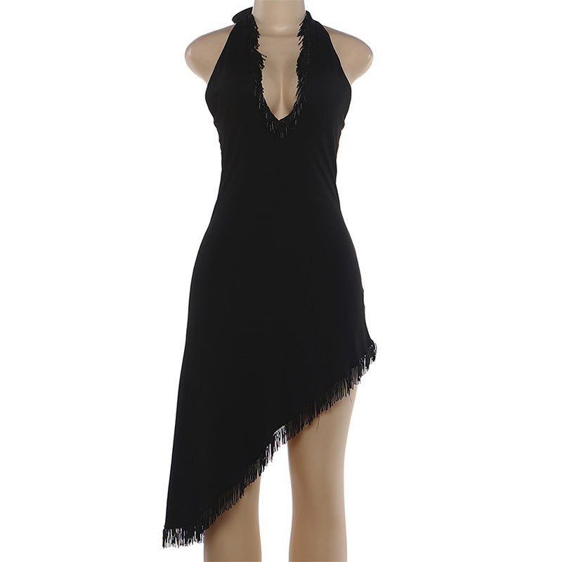 Fall Women Clothing Tassel Stitching Sexy Halter Backless V neck Irregular Asymmetric Dress Dores