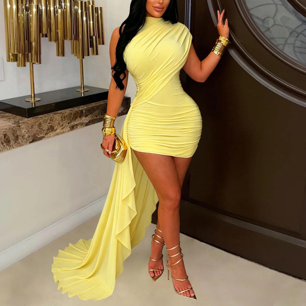 Sexy Women Clothing Mesh Stitching Ruffle Slim Fit Dress MOOYAA