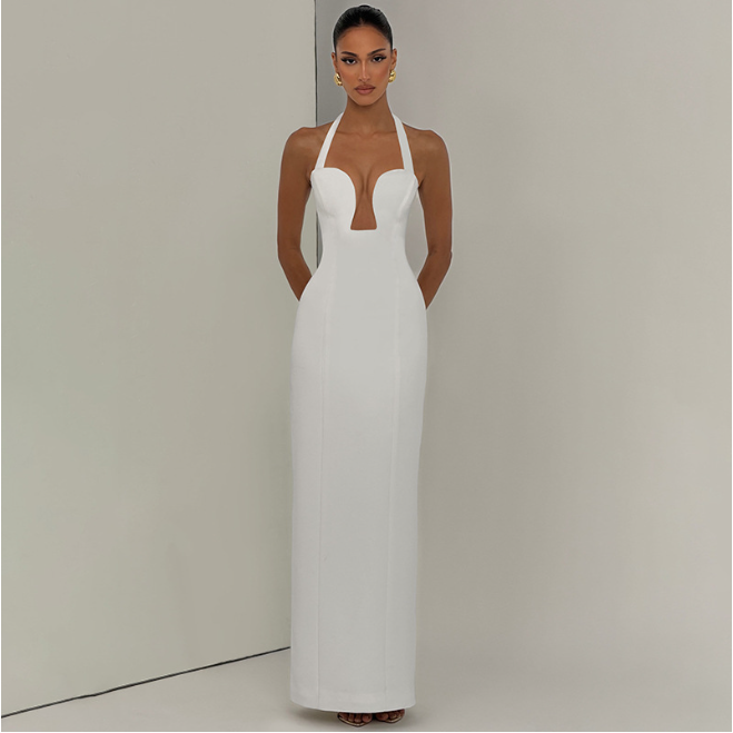 Summer Sexy Hollow Out Cutout Corset Slim Solid Color Sheath Long Halter Dress LAGERFELD