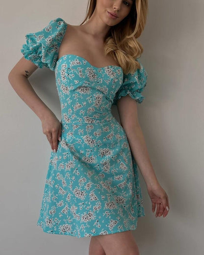 Spring Summer Wear Women Clothing Lace up Vintage Floral High Waist Puff Sleeve French Dress SCC