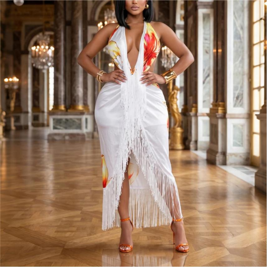 Women Clothing Shoulder Baring Halter Lace up Tube Top Printed Tassel Dress Irregular Asymmetric Coya
