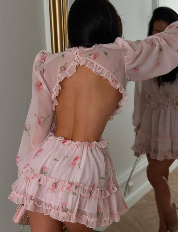 Women Clothing Fresh Sweet Floral Tight Waist Back Hollow Out Cutout-out Long Sleeve Chiffon Dress CHEN