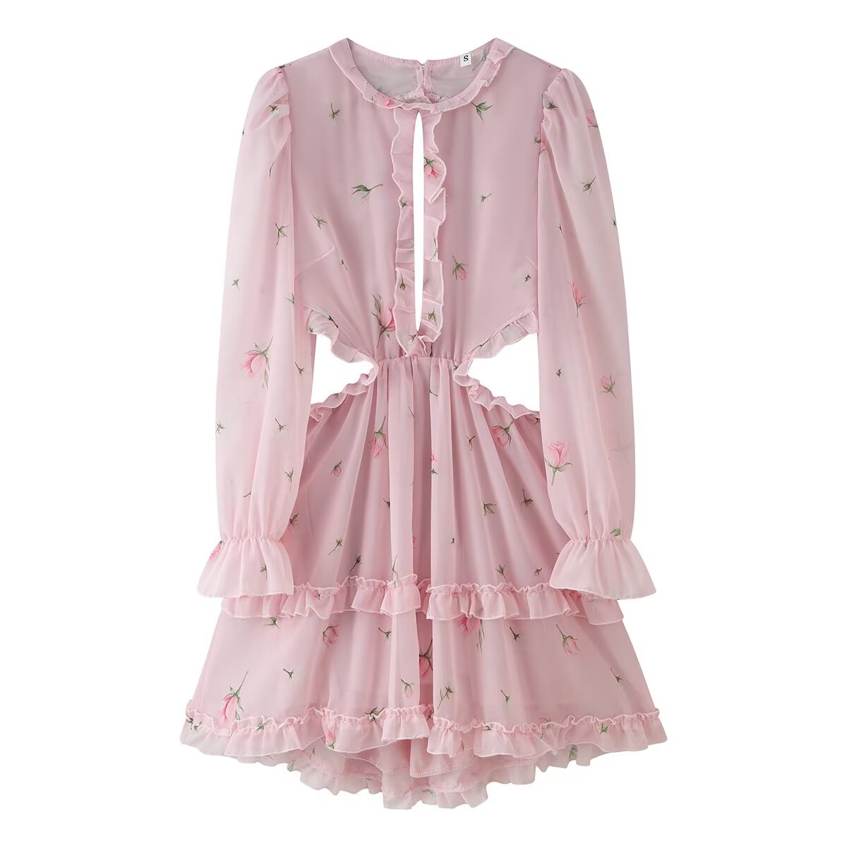Women Clothing Fresh Sweet Floral Tight Waist Back Hollow Out Cutout-out Long Sleeve Chiffon Dress CHEN
