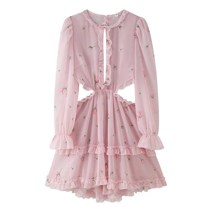 Women Clothing Fresh Sweet Floral Tight Waist Back Hollow Out Cutout-out Long Sleeve Chiffon Dress CHEN