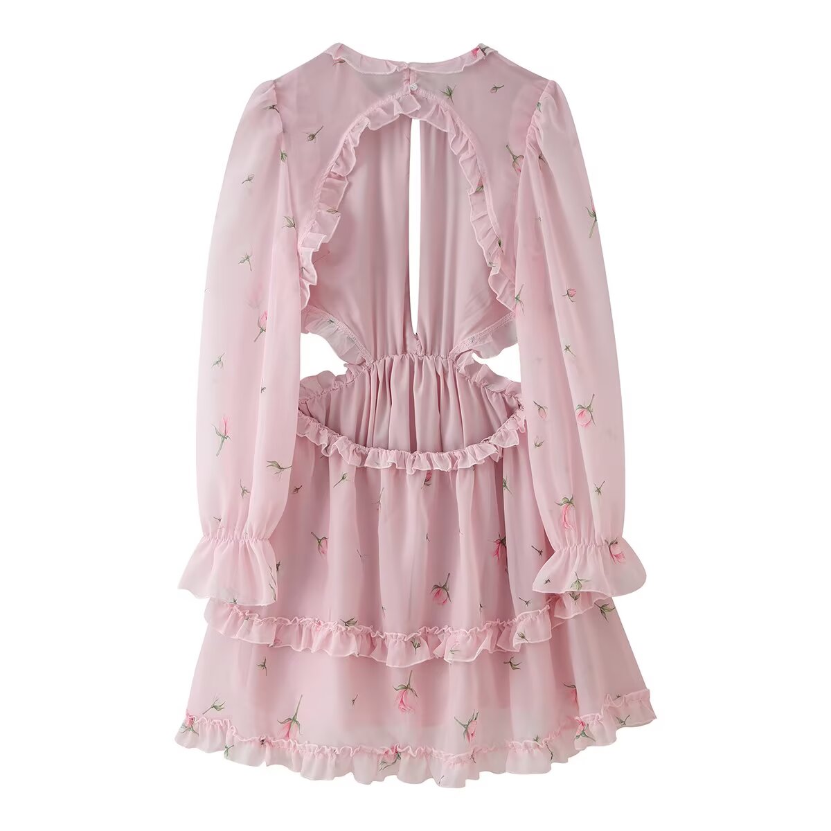 Women Clothing Fresh Sweet Floral Tight Waist Back Hollow Out Cutout-out Long Sleeve Chiffon Dress CHEN