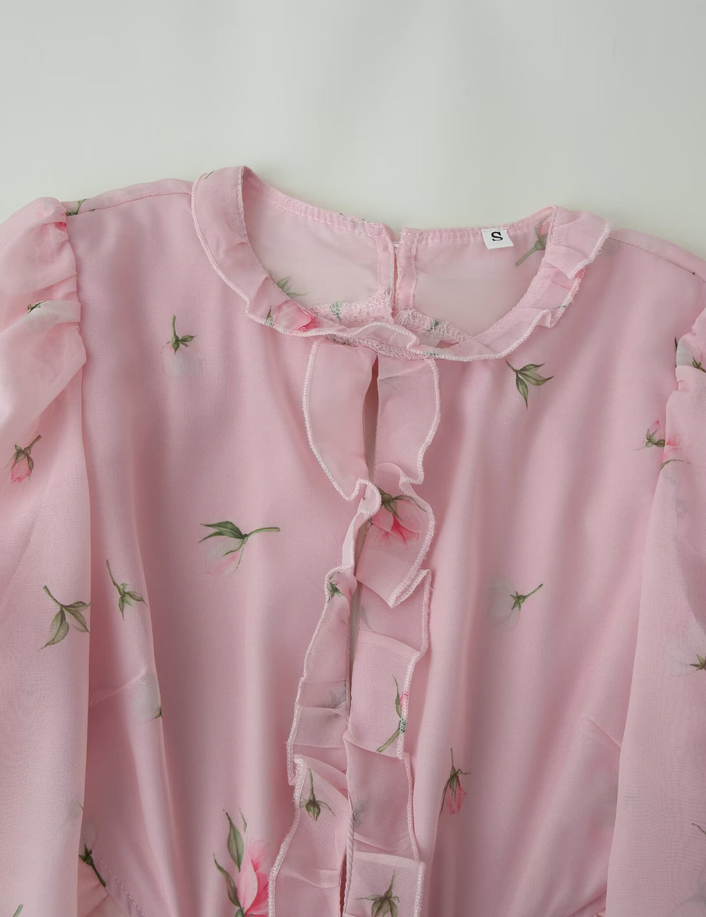 Women Clothing Fresh Sweet Floral Tight Waist Back Hollow Out Cutout-out Long Sleeve Chiffon Dress CHEN