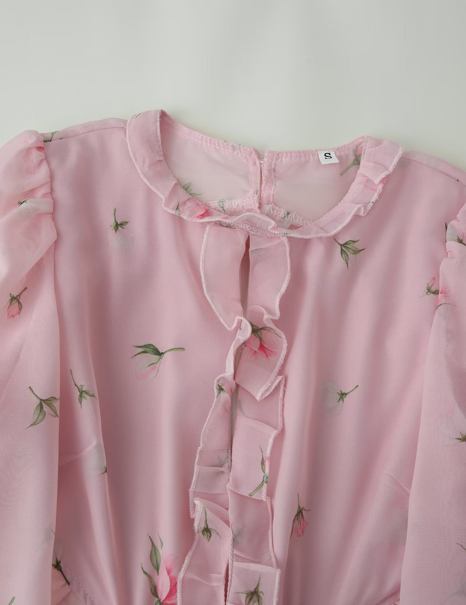 Women Clothing Fresh Sweet Floral Tight Waist Back Hollow Out Cutout-out Long Sleeve Chiffon Dress CHEN