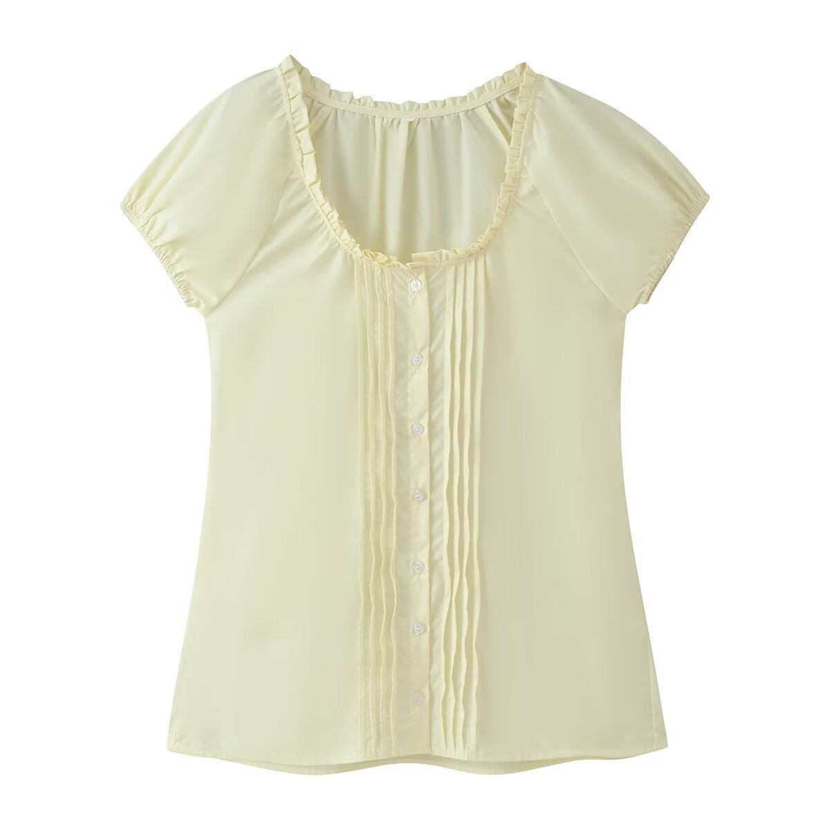 Women Clothing French Retro Easy Matching Solid Color Tucker Pleats Puff Short Sleeve Top CHEN