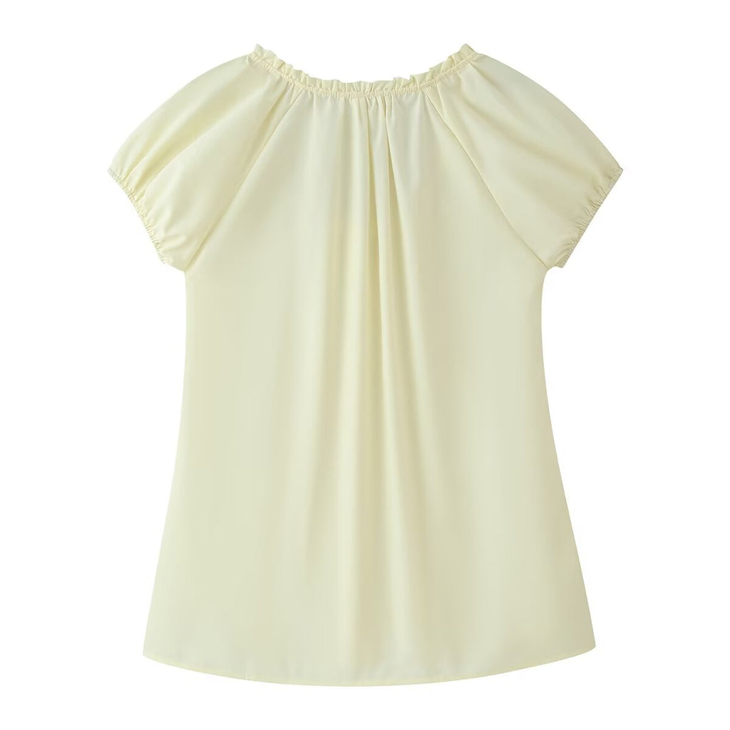 Women Clothing French Retro Easy Matching Solid Color Tucker Pleats Puff Short Sleeve Top CHEN