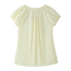 Women Clothing French Retro Easy Matching Solid Color Tucker Pleats Puff Short Sleeve Top CHEN