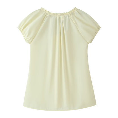 Women Clothing French Retro Easy Matching Solid Color Tucker Pleats Puff Short Sleeve Top CHEN