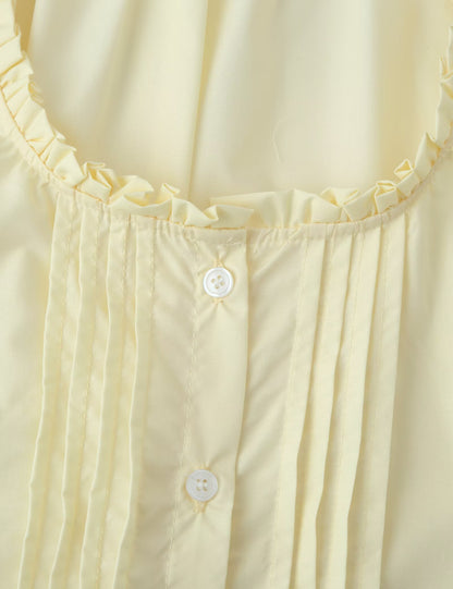 Women Clothing French Retro Easy Matching Solid Color Tucker Pleats Puff Short Sleeve Top CHEN