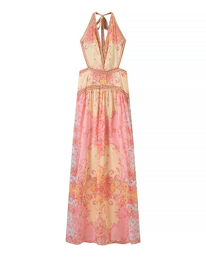 Halterneck Printed Tie Dye Dress Women Clothing Summer Stylish Printed Tie Dye Dress JiaJia