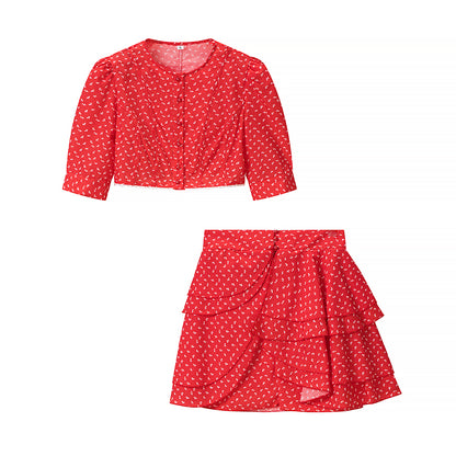 Women Retro Printed Crew neck Short Top Flounced Skirt Set JiaJia