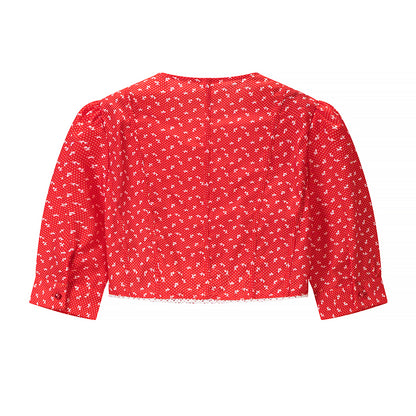 Women Retro Printed Crew neck Short Top Flounced Skirt Set JiaJia