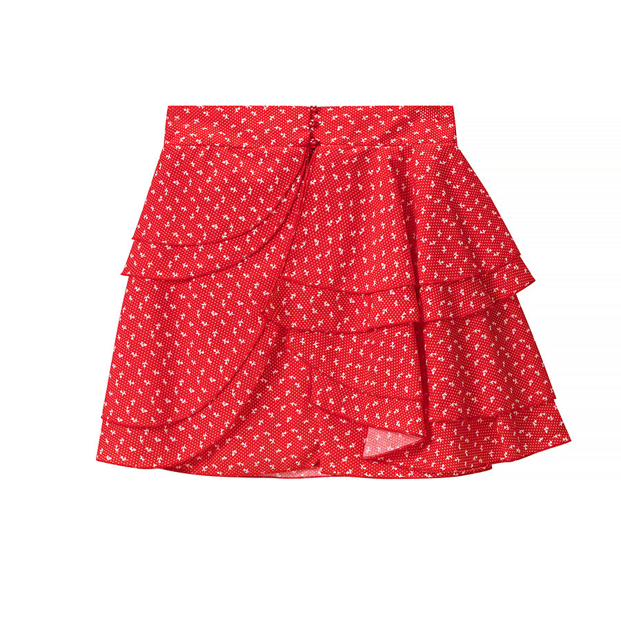 Women Retro Printed Crew neck Short Top Flounced Skirt Set JiaJia