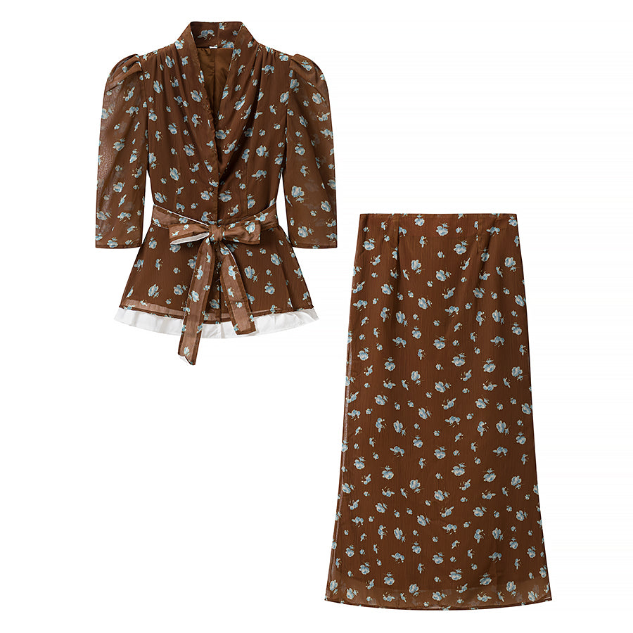Women Floral round Neck Waist Trimming Slimming Waist Controlled Top Fish Skirt Set JiaJia