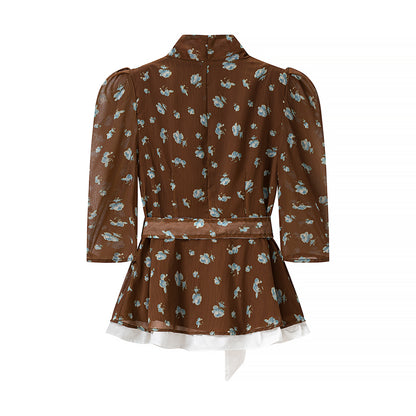 Women Floral round Neck Waist Trimming Slimming Waist Controlled Top Fish Skirt Set JiaJia