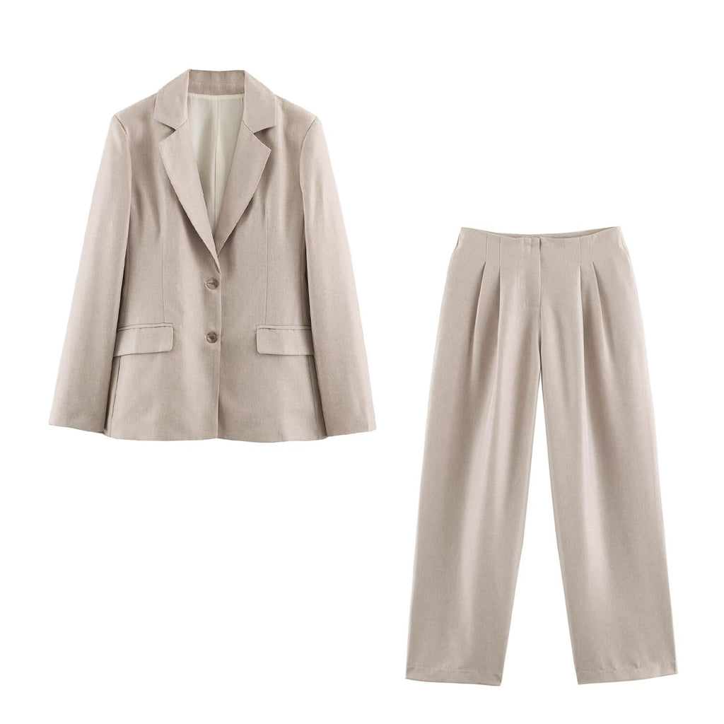 Women Collared Long Sleeve with Padded Shoulder Waist Tight High Waist Straight Leg Pants Sets SenDa
