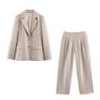 Women Collared Long Sleeve with Padded Shoulder Waist Tight High Waist Straight Leg Pants Sets SenDa