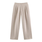 Women Collared Long Sleeve with Padded Shoulder Waist Tight High Waist Straight Leg Pants Sets SenDa