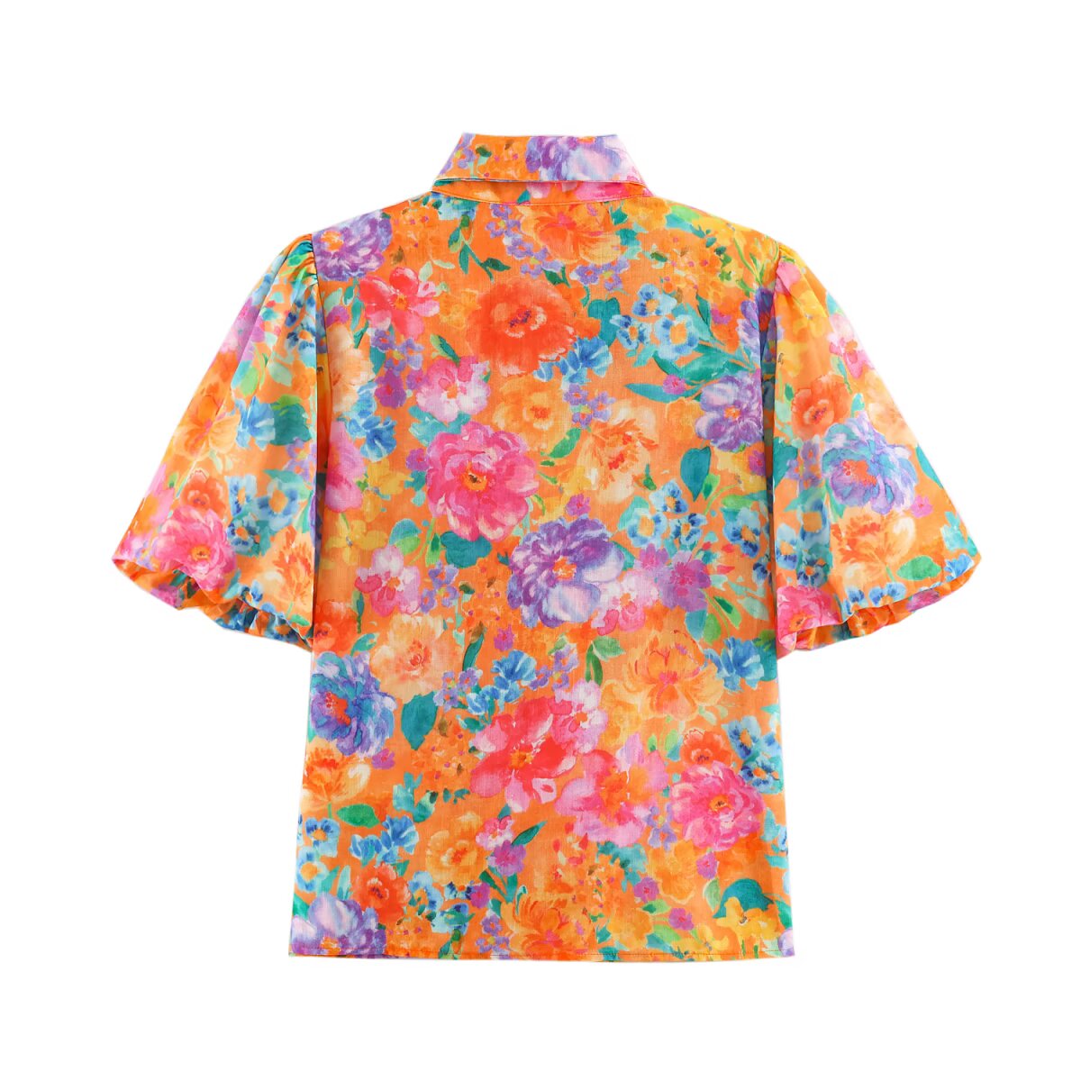 Women Clothing Autumn Orange Watercolor Floral Print Bow Short Sleeve Shirt for Women SenDa