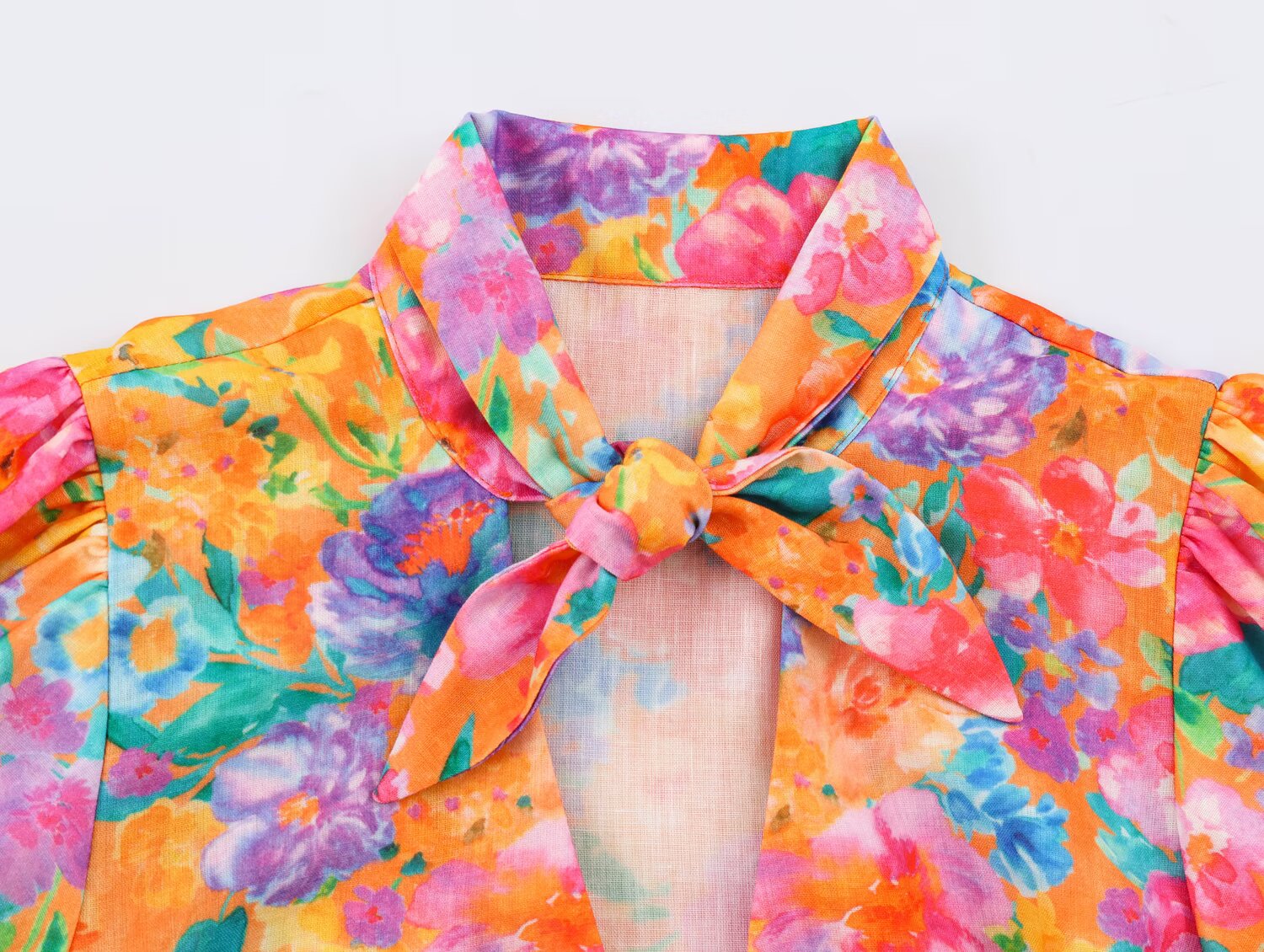 Women Clothing Autumn Orange Watercolor Floral Print Bow Short Sleeve Shirt for Women SenDa