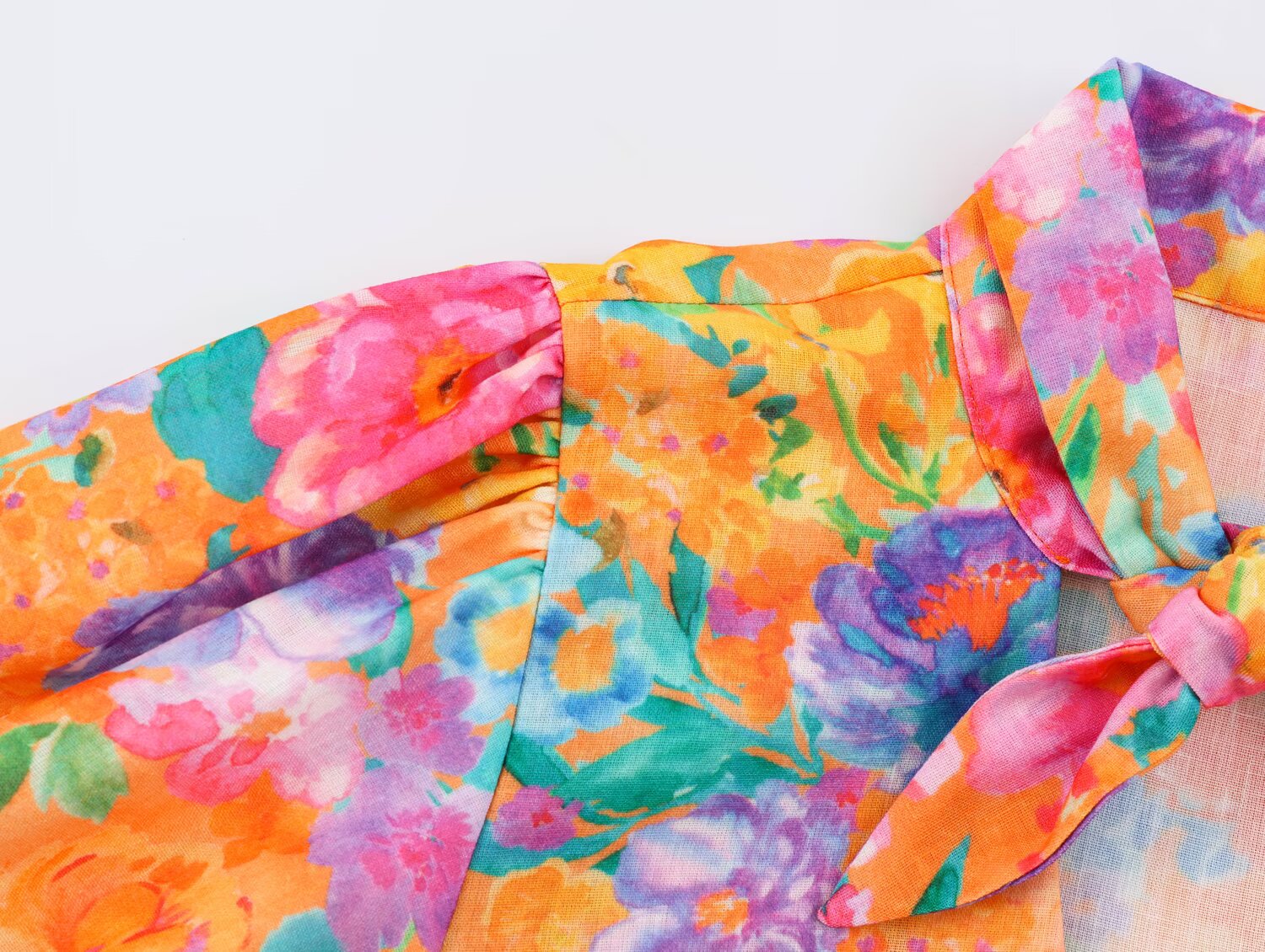 Women Clothing Autumn Orange Watercolor Floral Print Bow Short Sleeve Shirt for Women SenDa