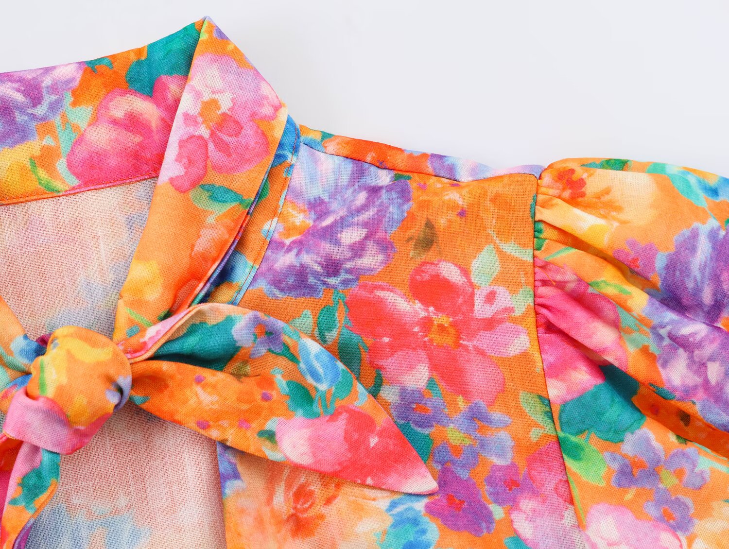 Women Clothing Autumn Orange Watercolor Floral Print Bow Short Sleeve Shirt for Women SenDa