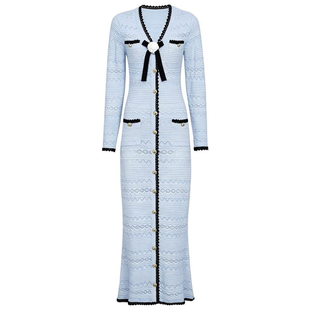 Spring Autumn Fashionable Knitted V neck Floral Slim Fit Slimming Long Sleeves Dress Women Dimenssa